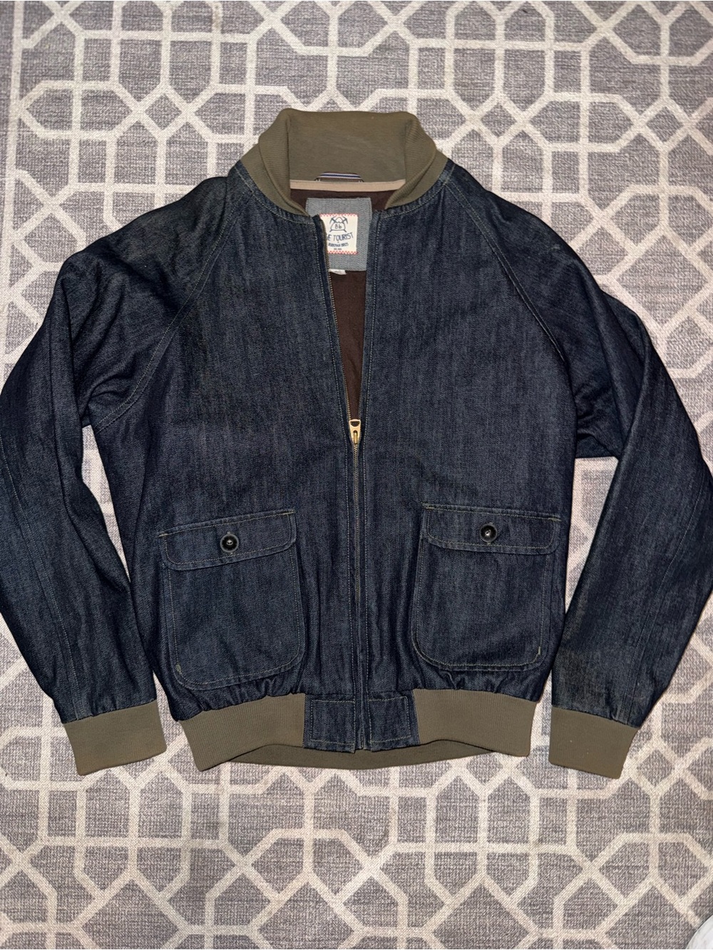 Urban Outfitters Men's Dark Denim Bomber Jacket with Olive Trim